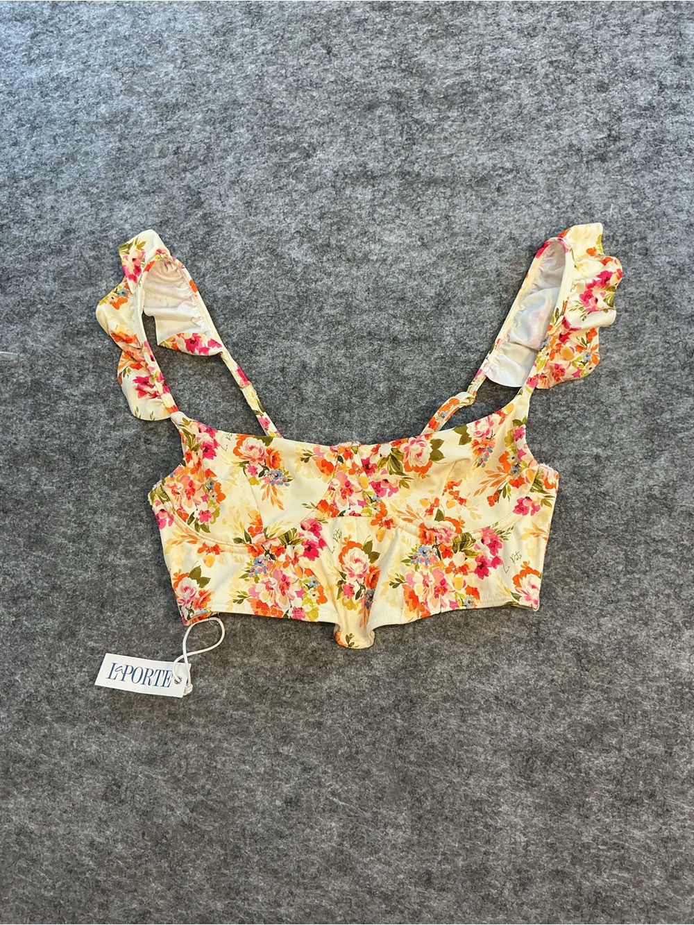 La Porte Floral Ruffle Swim Top- Yellow Pink Floral Size M